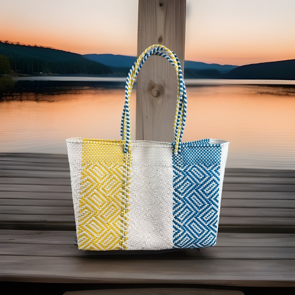 Woven Tote/Market Bag Beach Multi Color Basket Large . Turquoise, White & Yellow